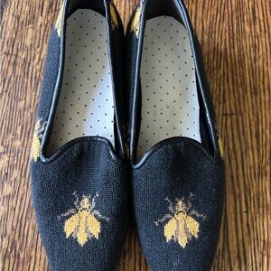 Black Loafers with Yellow Bee Embroidery